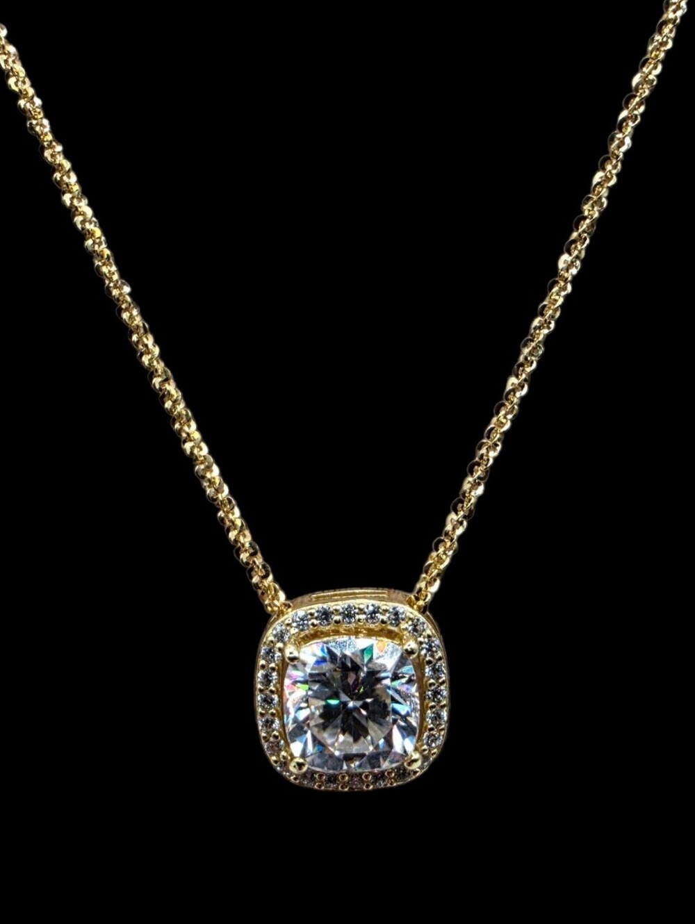 2.15 CTW Moissanite Solid 925 Sterling Silver Gold Overlay Halo Necklace